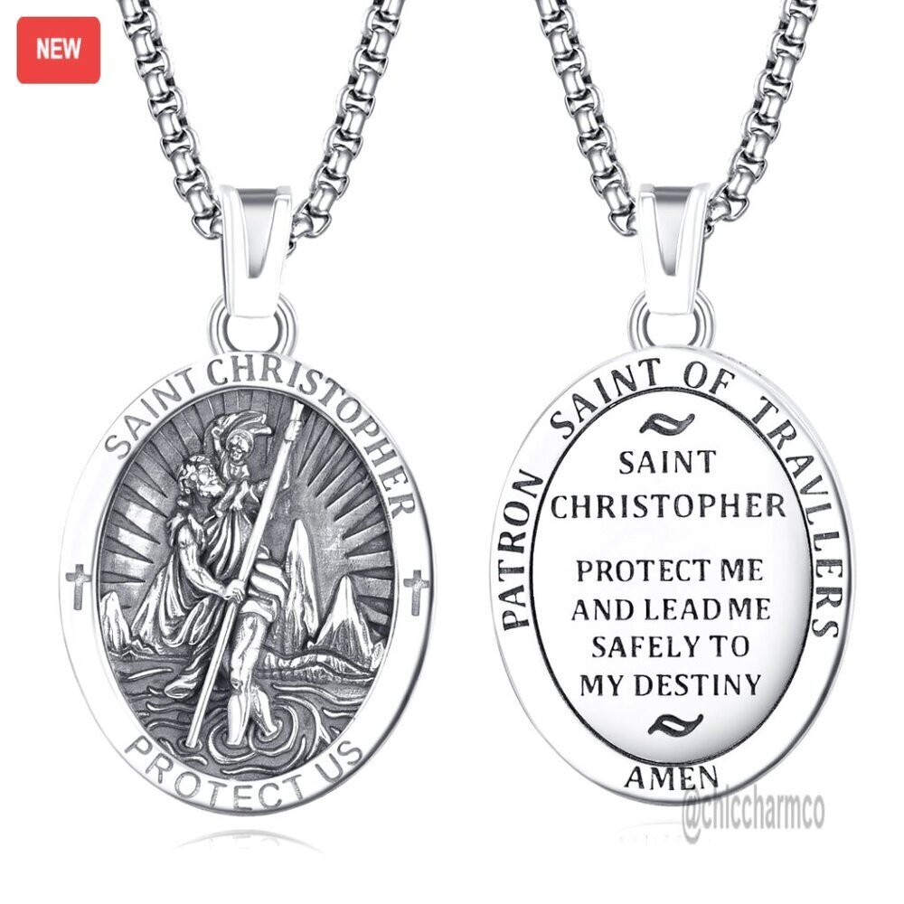 Sterling Silver Saint Christopher Medal Necklace 30mm 22+2" Chain